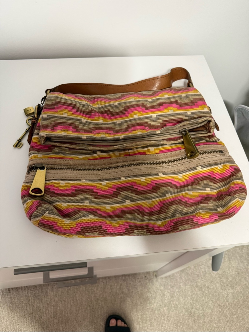 Fossil Woven Crossbody Bag in Pink, Yellow & Tan